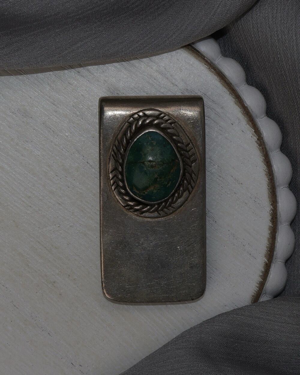 Vintage Navajo Sterling Silver Turquoise Money Clip 30.6G / 1.9in